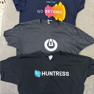 Lot of 3 Men’s Cyber IT Tech shirts size Large, Cisco, Huntress, Threat Locker